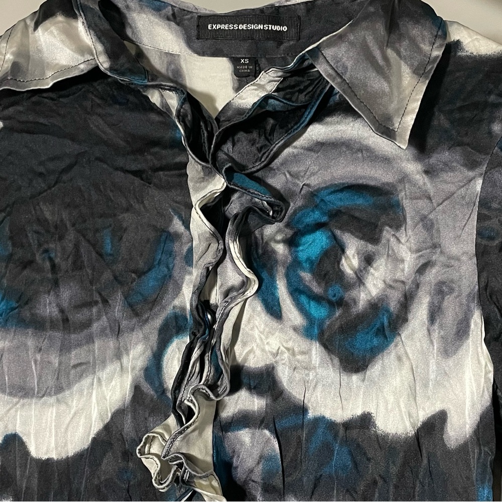 Express Black And Blue Patterned Long Sleeve Dress - image 3